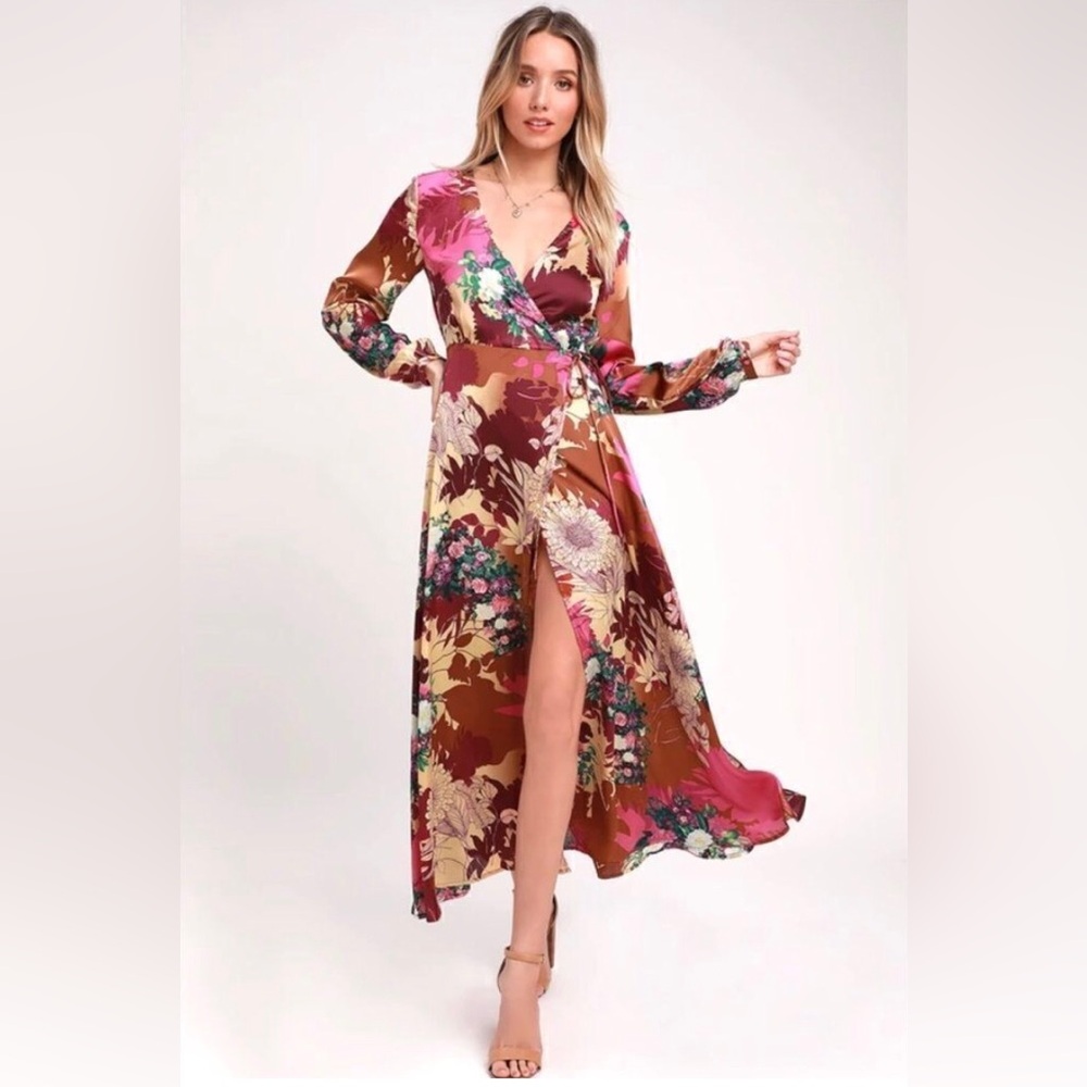 Lulu's Burgundy Floral Long Sleeve Maxi Dress